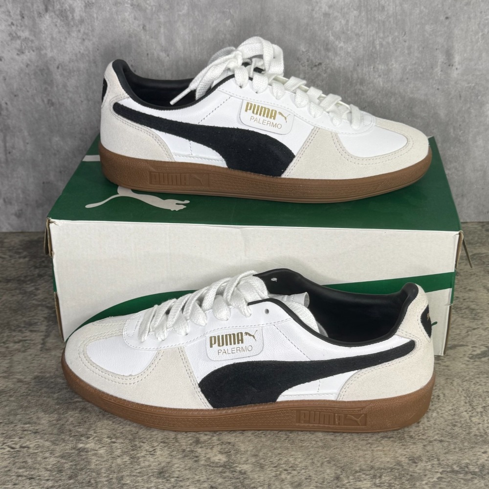 NEW Puma Palermo Leather Sneakers Men 8.5 White Black Gum Lifestyle Shoes